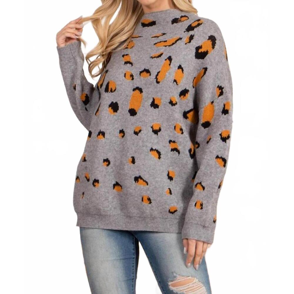 NEW CY FASHION turtle neckline leopard sweater in grey/mustard